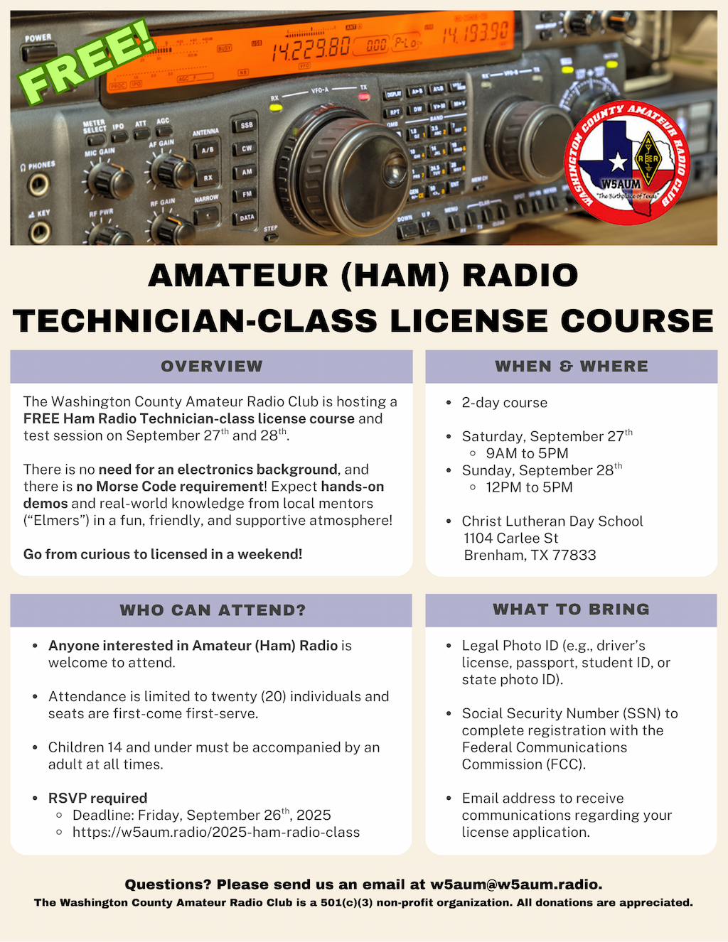 Amateur (Ham) Radio Technician-Class License Course Flyer (September 2025)
