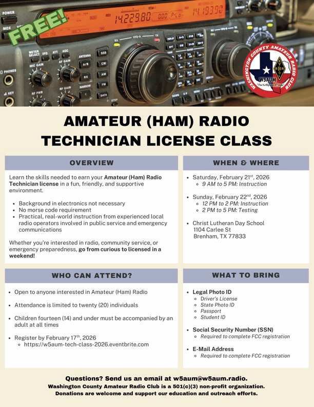Washington County Amateur Radio Club Technician-Class License Course Flyer (February 2026)